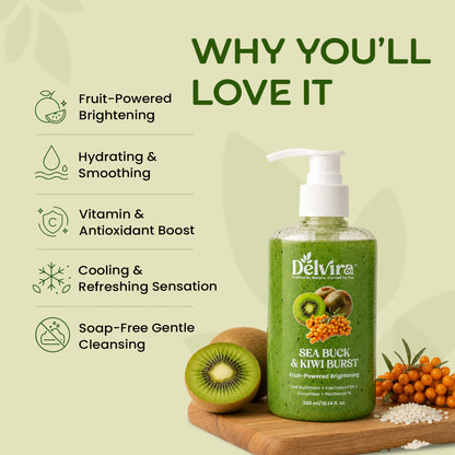 Delvira Sea Buck & Kiwi Burst Body Wash | Sea Buckthorn & Kiwi Extract with Cucumber and Panthenol | Fruit-Powered Brightening Shower Gel | Hydrating Daily Cleanser for Men & Women | All Skin Types | 300 ml
