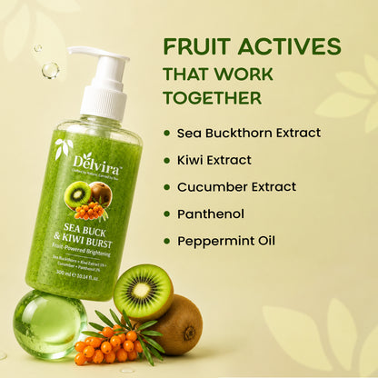 Delvira Sea Buck & Kiwi Burst Body Wash | Sea Buckthorn & Kiwi Extract with Cucumber and Panthenol | Fruit-Powered Brightening Shower Gel | Hydrating Daily Cleanser for Men & Women | All Skin Types | 300 ml