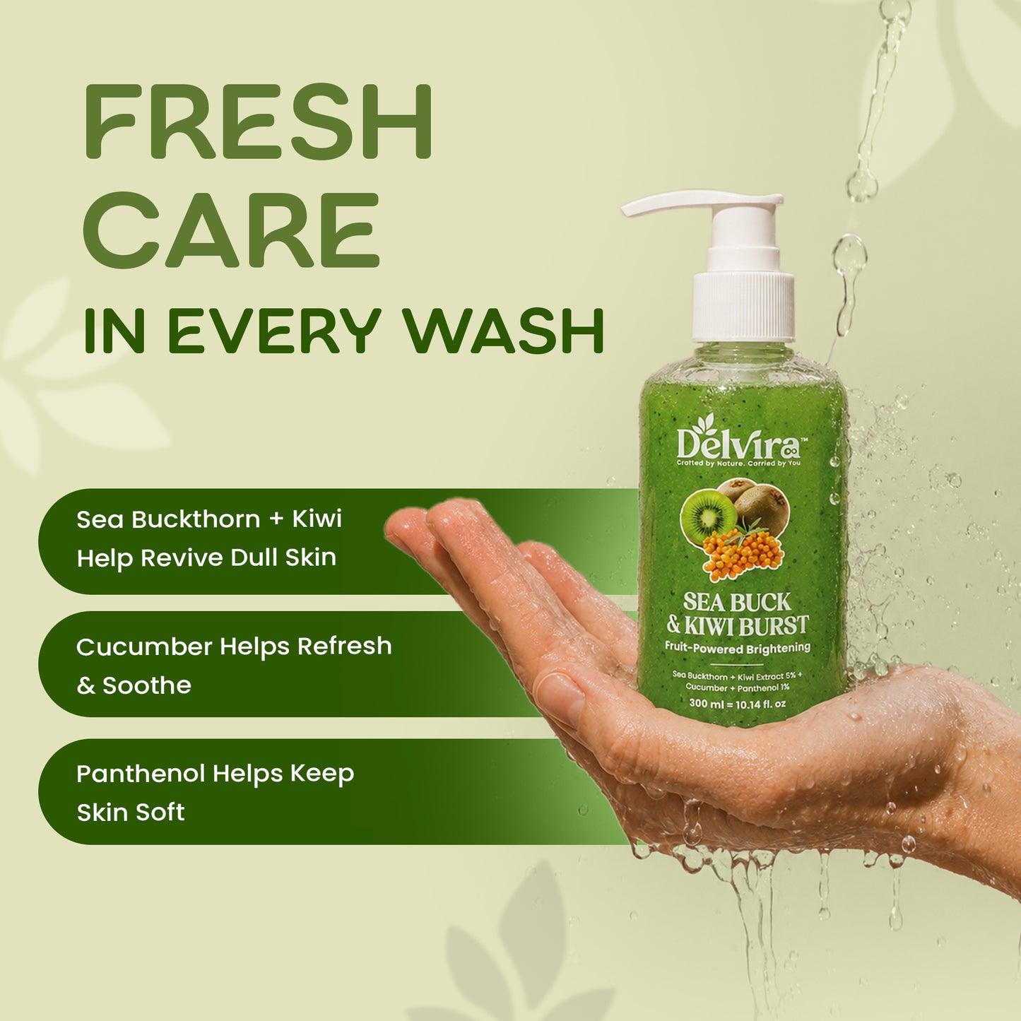 Delvira Sea Buck & Kiwi Burst Body Wash | Sea Buckthorn & Kiwi Extract with Cucumber and Panthenol | Fruit-Powered Brightening Shower Gel | Hydrating Daily Cleanser for Men & Women | All Skin Types | 300 ml