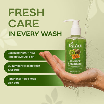 Delvira Sea Buck & Kiwi Burst Body Wash | Sea Buckthorn & Kiwi Extract with Cucumber and Panthenol | Fruit-Powered Brightening Shower Gel | Hydrating Daily Cleanser for Men & Women | All Skin Types | 300 ml