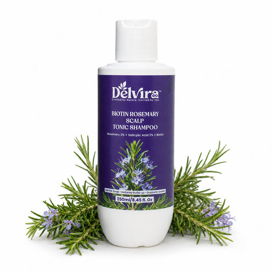 Delvira Biotin Rosemary Scalp Tonic Shampoo with Rosemary, Salicylic Acid & Biotin | Clarifying Hair Wash for Oily Scalp, Flakes, Excess Oil & Buildup | Daily Care Formula for Men & Women - 250 ml