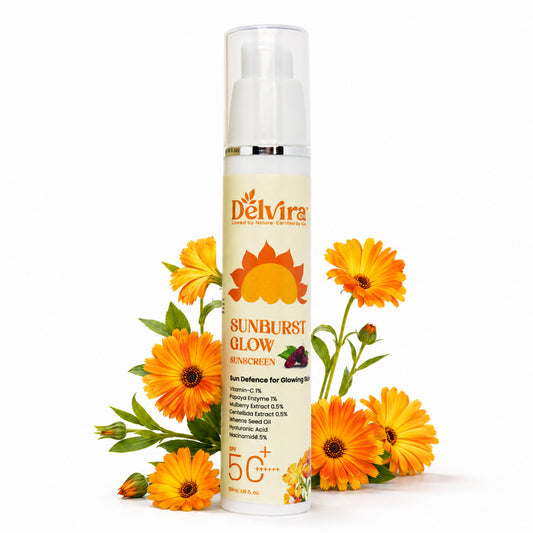 Delvira Sunburst Glow Sunscreen with Vitamin C, Hyaluronic Acid, Mulberry Extract & Kumkumadi Oil | Lightweight Daily Sun Protection for All Skin Types | Hydrating UV Defense Cream - 50 gm