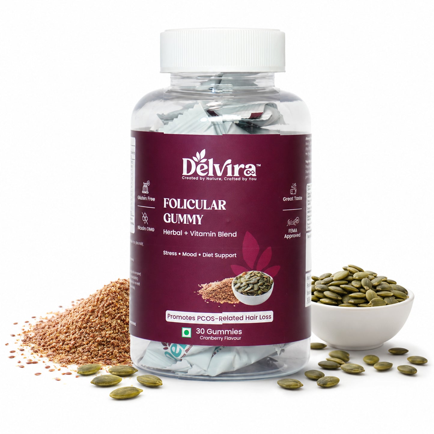 Delvira Follicular Gummies for Hair Wellness Support | Flaxseed & Pumpkin Seed Extract with Myo Inositol, Vitex, Ashwagandha, Magnesium Citrate, Vitamin B6 | Cranberry Flavour | 30 Count