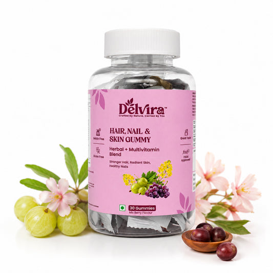 Delvira Hair Nail & Skin Gummies for Women & Men | Herbal Multivitamin Blend with Biotin, Hyaluronic Acid, Zinc, Vitamins A C D E B Complex | Mix Berry Flavour | 30 Gummies