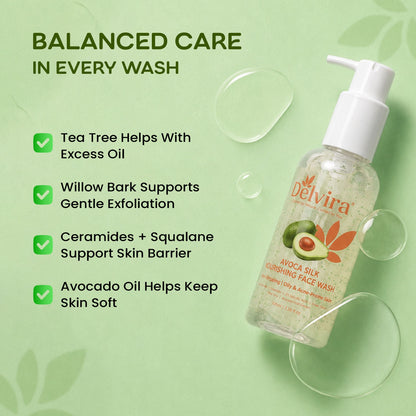 Delvira 100 ml Avoca Silk Nourishing Face Wash with Avocado Oil, Ceramides, Squalane, Tea Tree & Willow Bark Extract | Gentle Daily Cleanser for Oily Acne-Prone Skin | Non-Stripping Hydrating Formula
