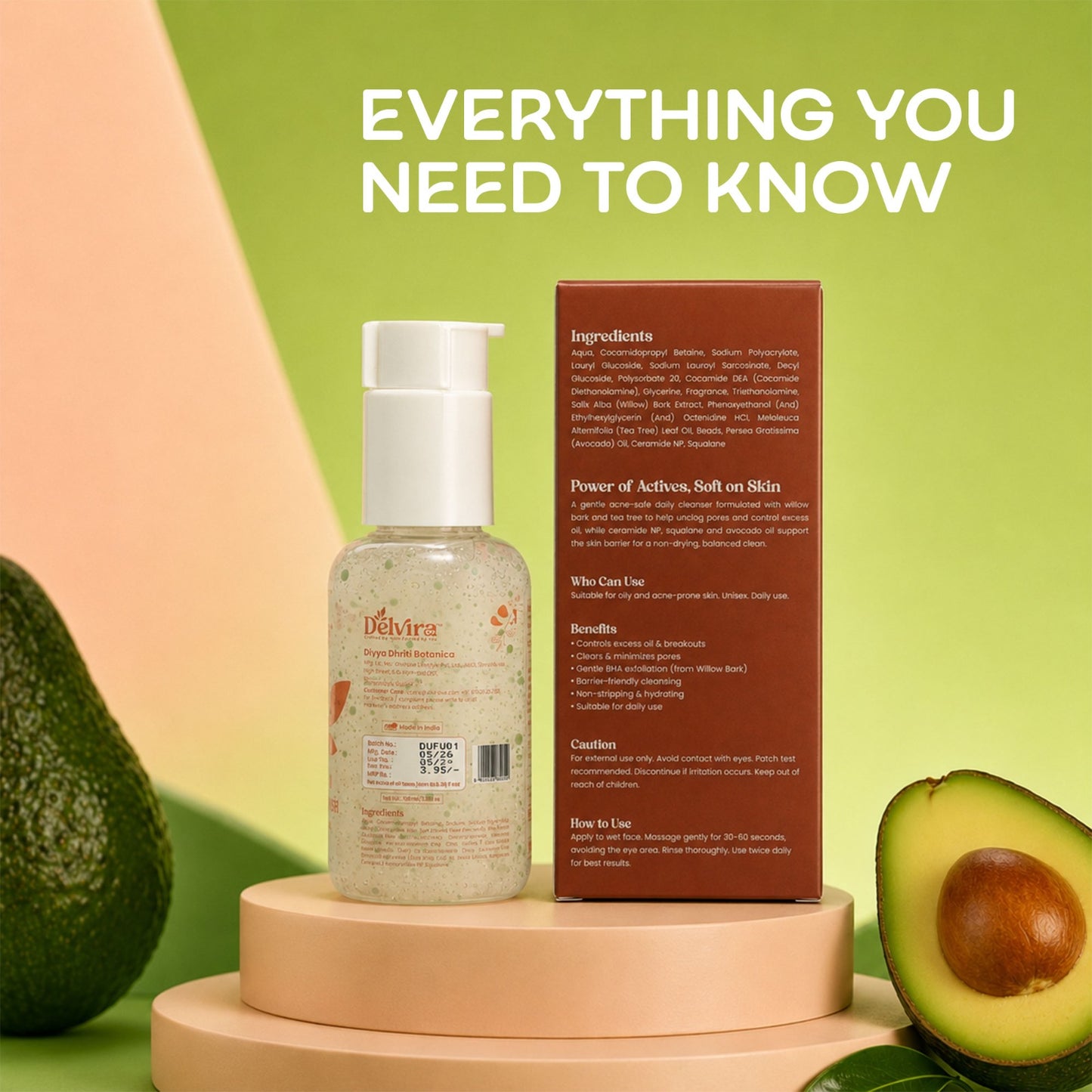 Delvira 100 ml Avoca Silk Nourishing Face Wash with Avocado Oil, Ceramides, Squalane, Tea Tree & Willow Bark Extract | Gentle Daily Cleanser for Oily Acne-Prone Skin | Non-Stripping Hydrating Formula