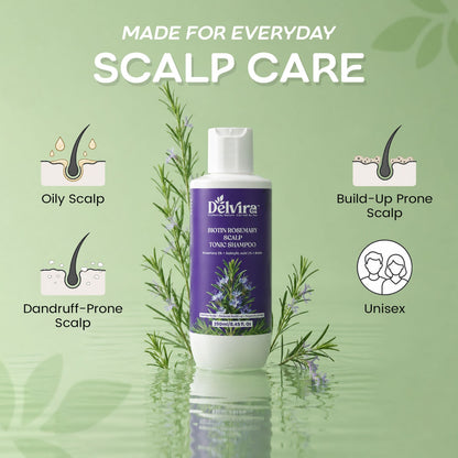 Delvira Biotin Rosemary Scalp Tonic Shampoo with Rosemary, Salicylic Acid & Biotin | Clarifying Hair Wash for Oily Scalp, Flakes, Excess Oil & Buildup | Daily Care Formula for Men & Women - 250 ml