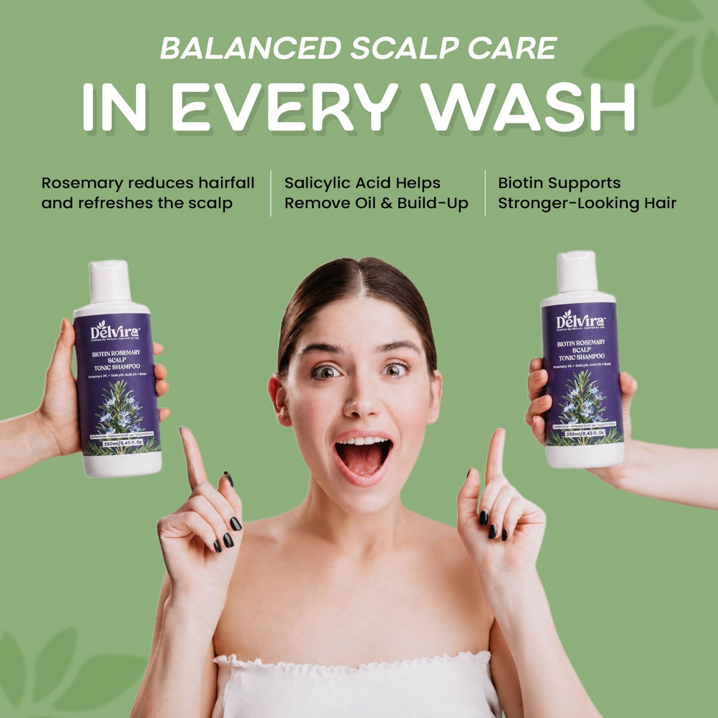 Delvira Biotin Rosemary Scalp Tonic Shampoo with Rosemary, Salicylic Acid & Biotin | Clarifying Hair Wash for Oily Scalp, Flakes, Excess Oil & Buildup | Daily Care Formula for Men & Women - 250 ml