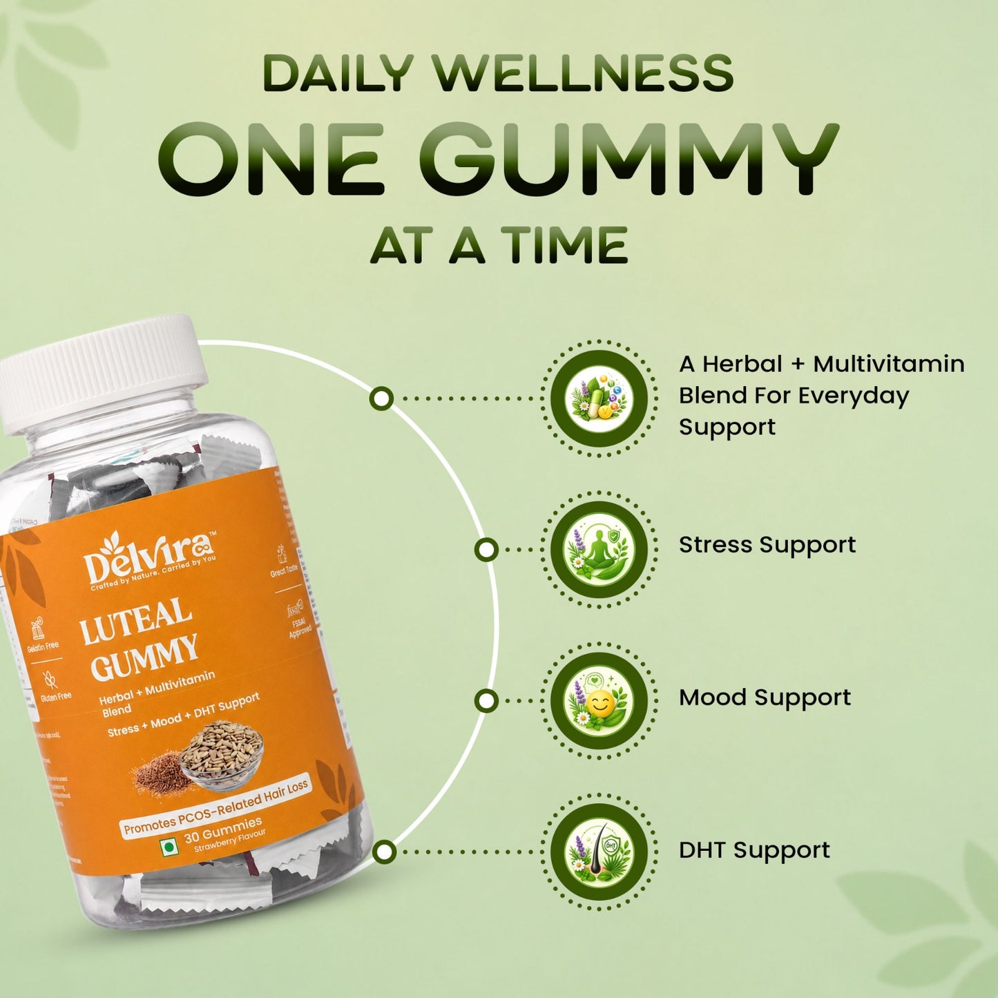 Delvira Luteal Gummies for Women Wellness Support | Myo Inositol, Shatavari, Ashwagandha, Vitamin E, Magnesium Citrate & B6 | Hormonal Balance, Cycle Care, Daily Nutritional Supplement | Strawberry Flavour | 30 Gummies
