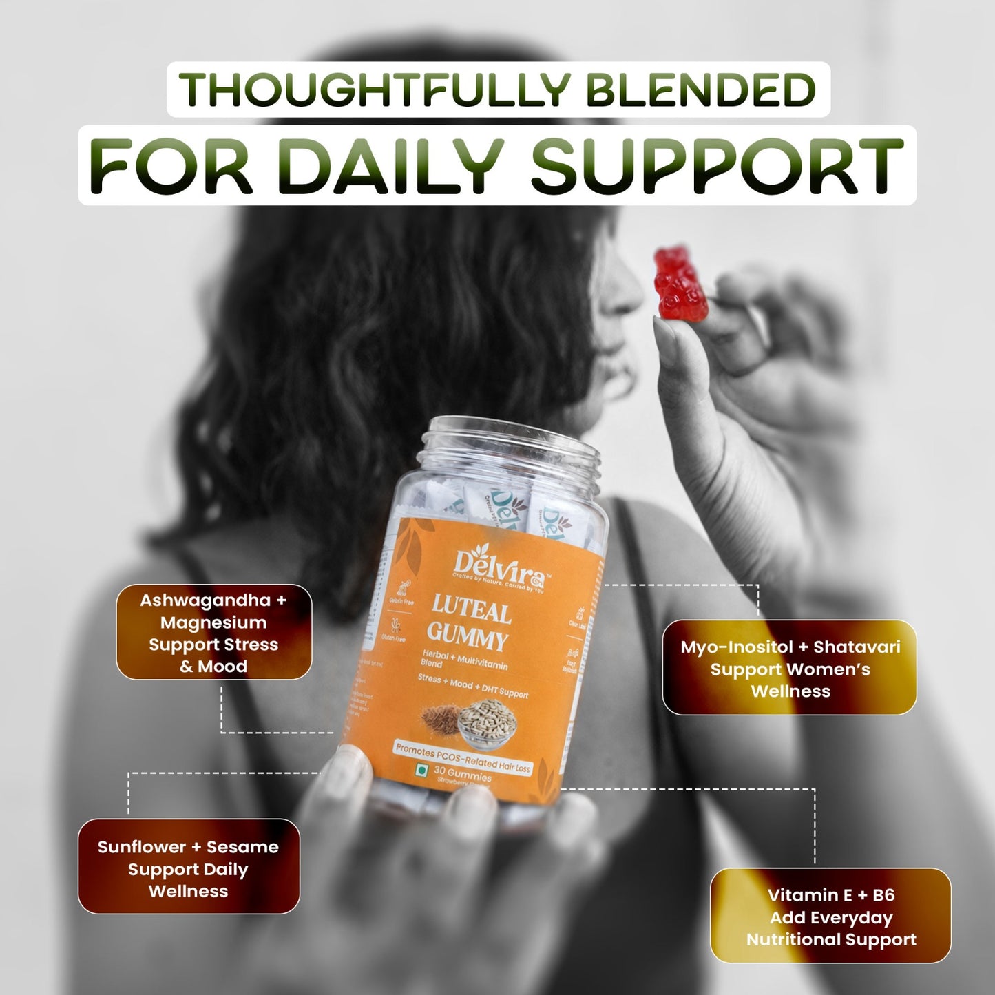 Delvira Luteal Gummies for Women Wellness Support | Myo Inositol, Shatavari, Ashwagandha, Vitamin E, Magnesium Citrate & B6 | Hormonal Balance, Cycle Care, Daily Nutritional Supplement | Strawberry Flavour | 30 Gummies
