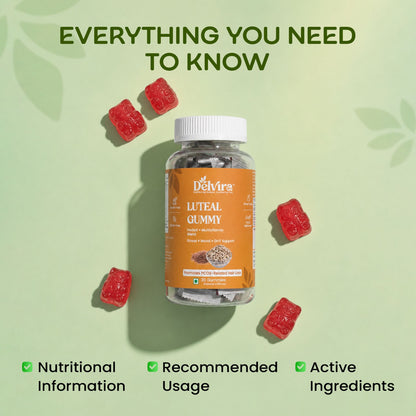 Delvira Luteal Gummies for Women Wellness Support | Myo Inositol, Shatavari, Ashwagandha, Vitamin E, Magnesium Citrate & B6 | Hormonal Balance, Cycle Care, Daily Nutritional Supplement | Strawberry Flavour | 30 Gummies