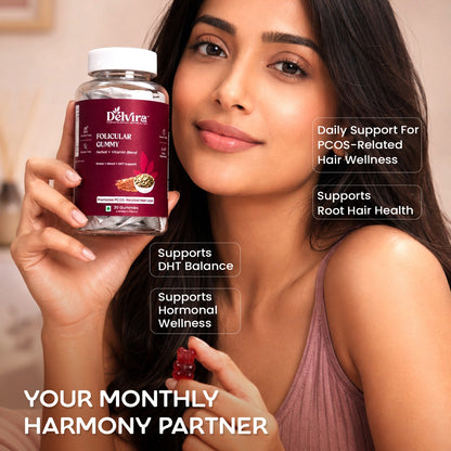 Delvira Follicular Gummies for Hair Wellness Support | Flaxseed & Pumpkin Seed Extract with Myo Inositol, Vitex, Ashwagandha, Magnesium Citrate, Vitamin B6 | Cranberry Flavour | 30 Count