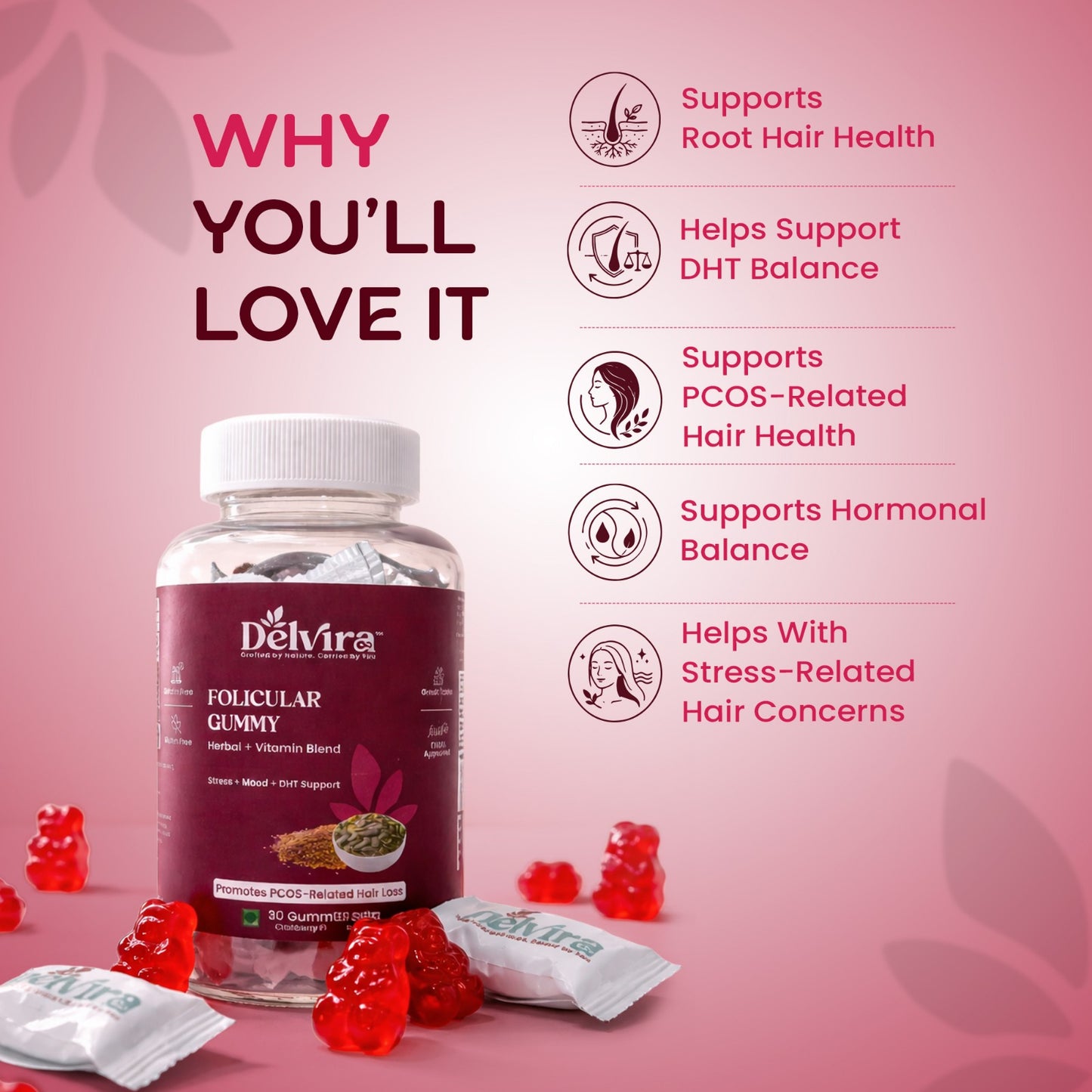 Delvira Follicular Gummies for Hair Wellness Support | Flaxseed & Pumpkin Seed Extract with Myo Inositol, Vitex, Ashwagandha, Magnesium Citrate, Vitamin B6 | Cranberry Flavour | 30 Count