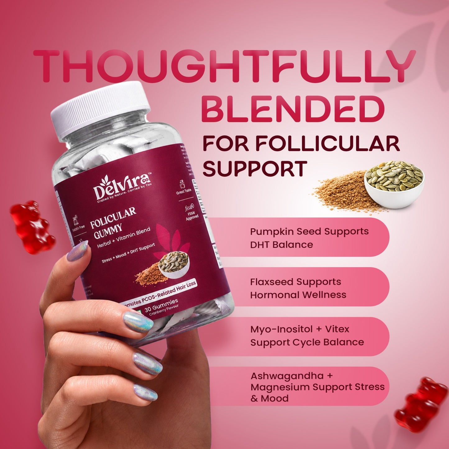 Delvira Follicular Gummies for Hair Wellness Support | Flaxseed & Pumpkin Seed Extract with Myo Inositol, Vitex, Ashwagandha, Magnesium Citrate, Vitamin B6 | Cranberry Flavour | 30 Count