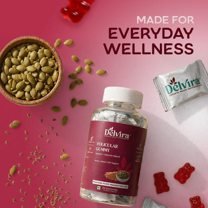 Delvira Follicular Gummies for Hair Wellness Support | Flaxseed & Pumpkin Seed Extract with Myo Inositol, Vitex, Ashwagandha, Magnesium Citrate, Vitamin B6 | Cranberry Flavour | 30 Count