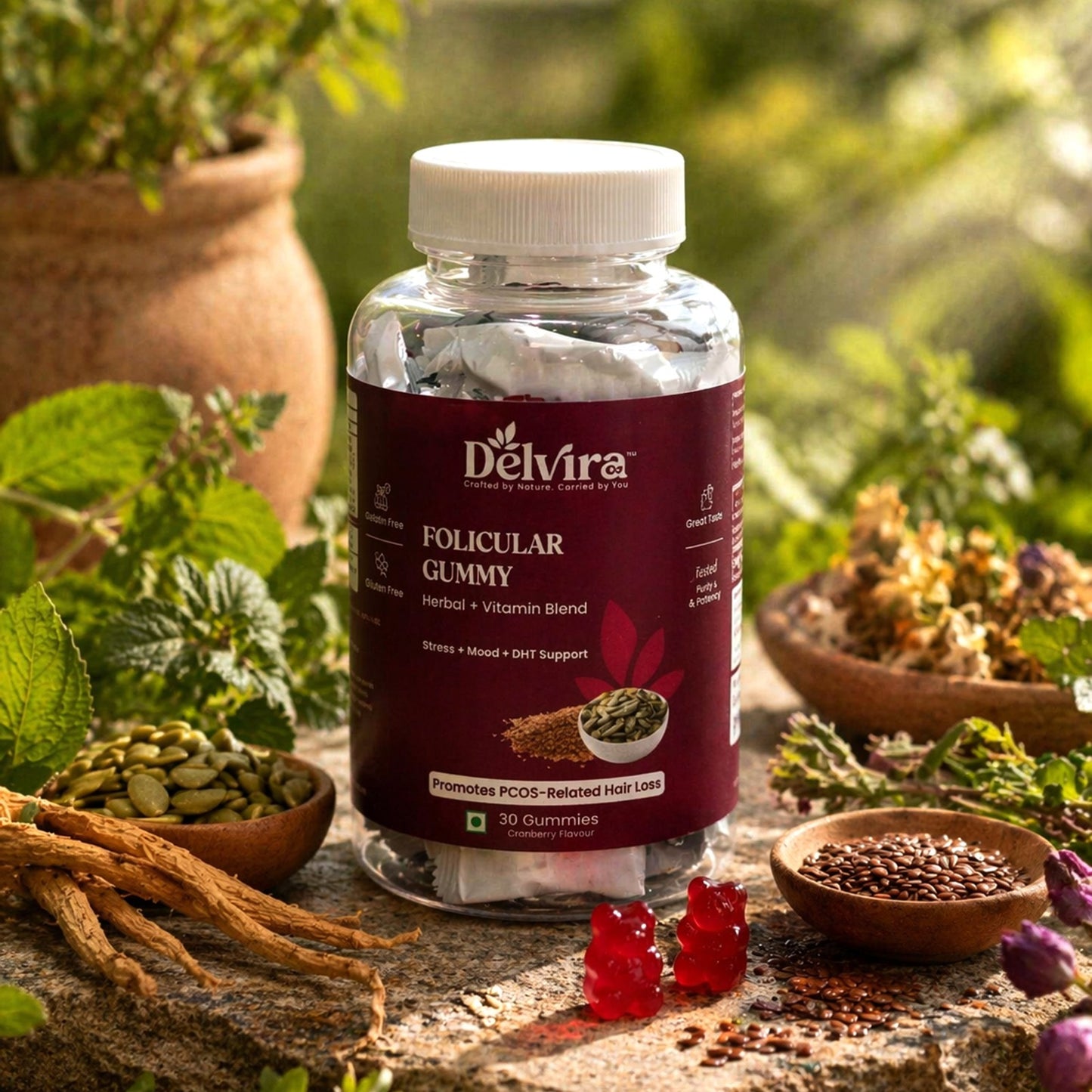 Delvira Follicular Gummies for Hair Wellness Support | Flaxseed & Pumpkin Seed Extract with Myo Inositol, Vitex, Ashwagandha, Magnesium Citrate, Vitamin B6 | Cranberry Flavour | 30 Count
