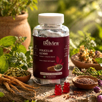 Delvira Follicular Gummies for Hair Wellness Support | Flaxseed & Pumpkin Seed Extract with Myo Inositol, Vitex, Ashwagandha, Magnesium Citrate, Vitamin B6 | Cranberry Flavour | 30 Count