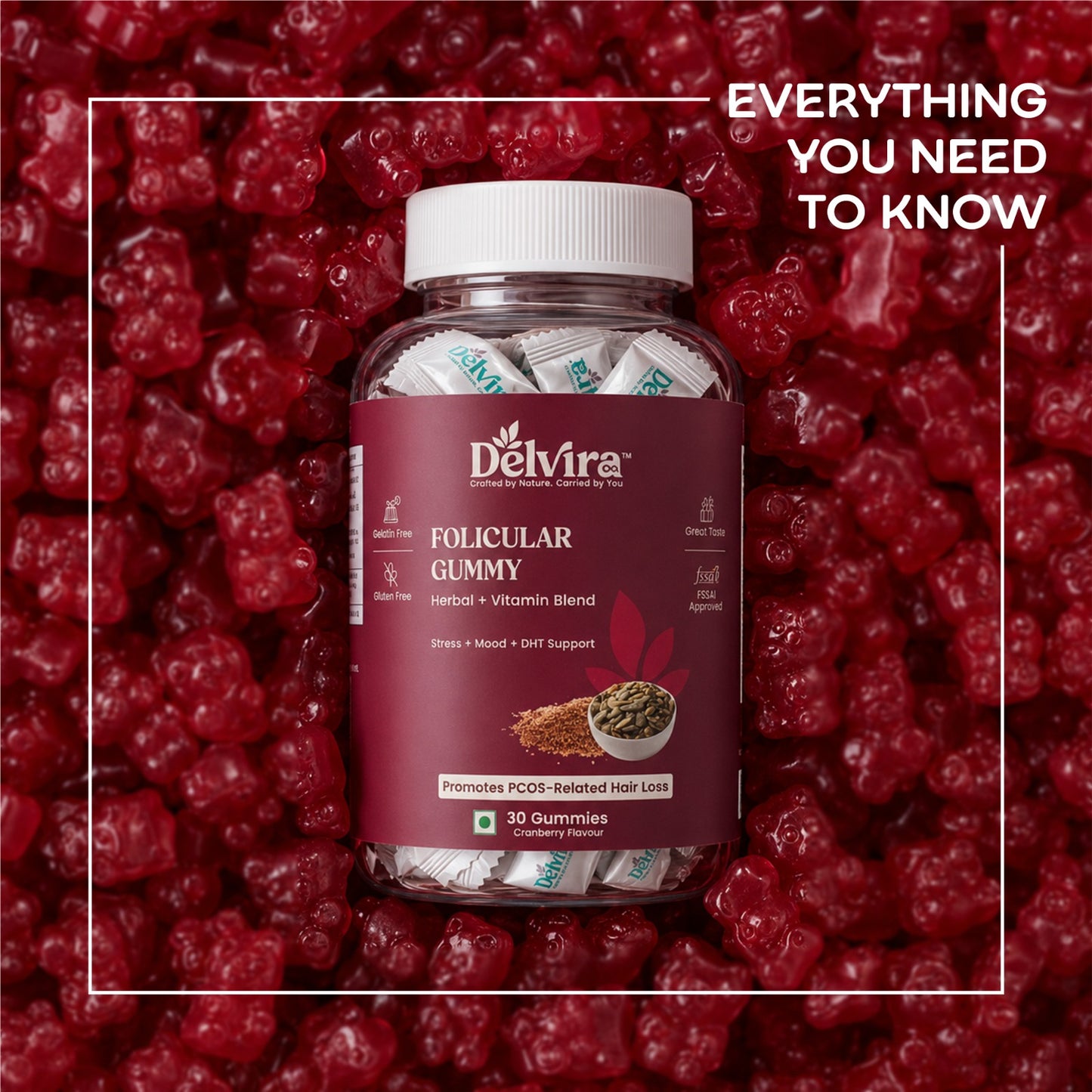 Delvira Follicular Gummies for Hair Wellness Support | Flaxseed & Pumpkin Seed Extract with Myo Inositol, Vitex, Ashwagandha, Magnesium Citrate, Vitamin B6 | Cranberry Flavour | 30 Count