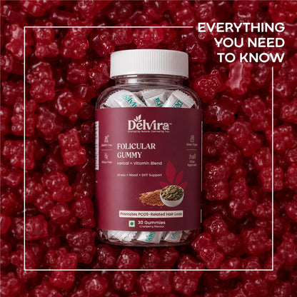 Delvira Follicular Gummies for Hair Wellness Support | Flaxseed & Pumpkin Seed Extract with Myo Inositol, Vitex, Ashwagandha, Magnesium Citrate, Vitamin B6 | Cranberry Flavour | 30 Count