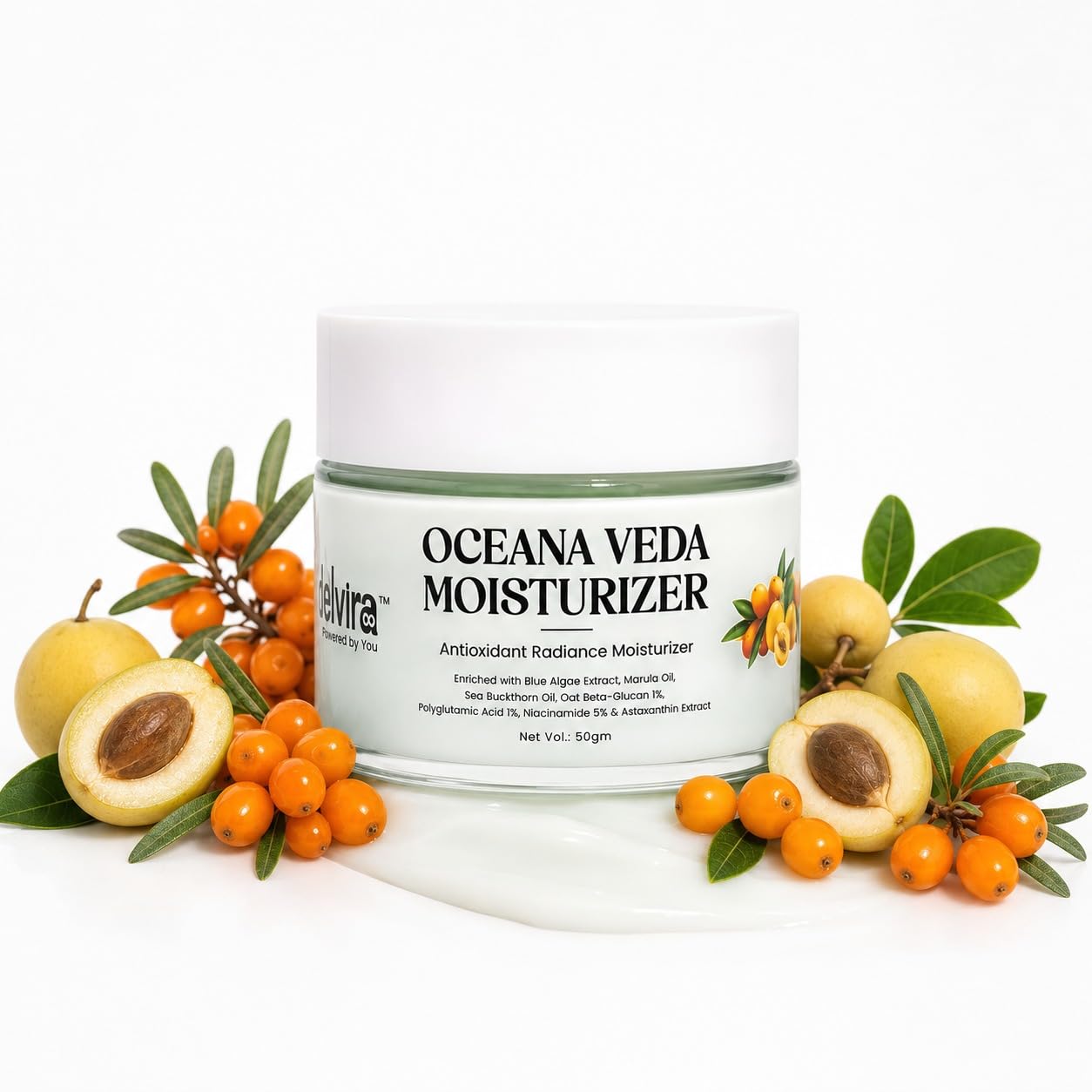 Delvira Oceana Veda Moisturizer with Niacinamide, Astaxanthin, Sea Buckthorn & Polyglutamic Acid | Lightweight Antioxidant Face Cream for Hydration, Radiance & Skin Barrier Support | 50g