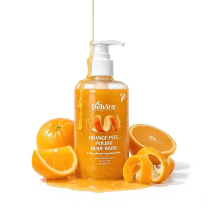 Delvira Orange Peel D-Tan Polish Body Wash with Orange Peel Extract & Vitamin C, Gentle Cleansing Formula, Refreshing Citrus Fragrance, Moisturizing Glycerin, Daily Shower Gel for Men & Women, 300ml